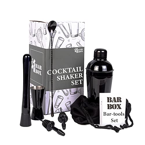 Image of Cocktail Shaker - Bar box 6 Piece Bartender Kit - Stainless Steel Cocktail Shaker Set, Premium Bar Tools : Martini Shaker, Muddler, Jigger, Mixing Spoon, Strainers, Ice Tong ,Mettalic Black