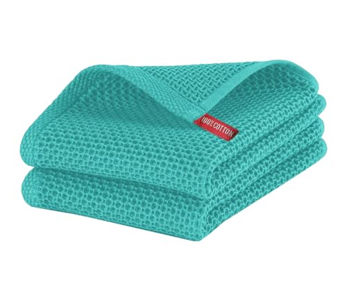 Image of Kitchen Cotton Lint Free Waffle Weave Hand Towels, Quick Drying Dish Cloths, Highly Absorbent Dish Rags Tea Towels Set with Hanging Loop, 13.4 inchx 13.4 inch (Teal Blue, Pack of 2)