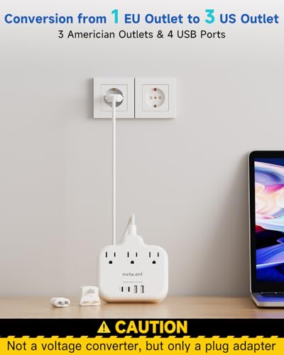 European Travel Plug Adapter, US to European Plug Adapter with 3 American Outlets & 4 USB, 3ft European Power Cord, International Travel Power Strip, Type C for Europe EU Germany France, Travel, White4