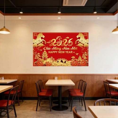 KYMY Vietnamese New Year Backdrop 2026, Asian Spring Festival Hanging Banner for Tết Việt NAM 70.9 x 43.3 Inch, Polyester Zodiac Horse Year Wall Background Photo Booth for Lunar New Year Party Decor by KYMY - Used condition - Image 2