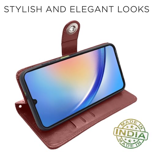 Image of Pikkme Samsung Galaxy A05s Flip Cover Leather Finish | Inside TPU with Card Pockets | Wallet Stand and Shock Proof | Complete Protection Button Flip Case (Brown)
