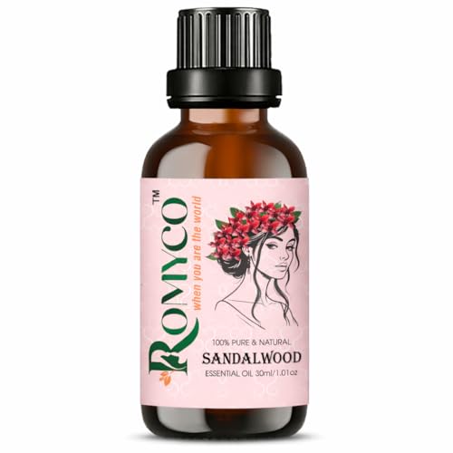 Image of Romyco Sandalwood Essential Oil 30ml (Chandan Oil) for Puja Meditation Relaxation | Skin Care & Massage | Use in Diffuser Aromatherapy | Pure Premium Natural Undiluted