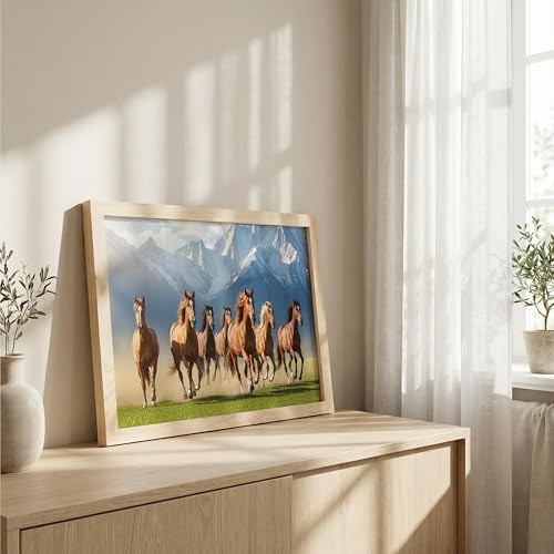 Image of Suneree 7 Horse Vastu Wall Painting - Running Horses Mountain Landscape Framed Wall Art for Living Room & Office Decor (Natural, Design 08, 13x19 Inch)
