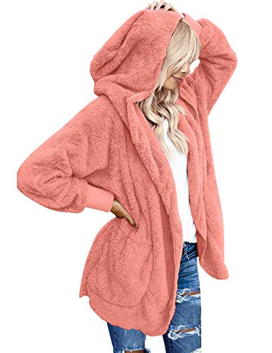 LookbookStore Women's Casual Loose Solid Winter Open Front Hooded Draped Pocket Fleece Cardigan Fuzzy Outerwear Jacket Coat Georgia Peach Size X-Large