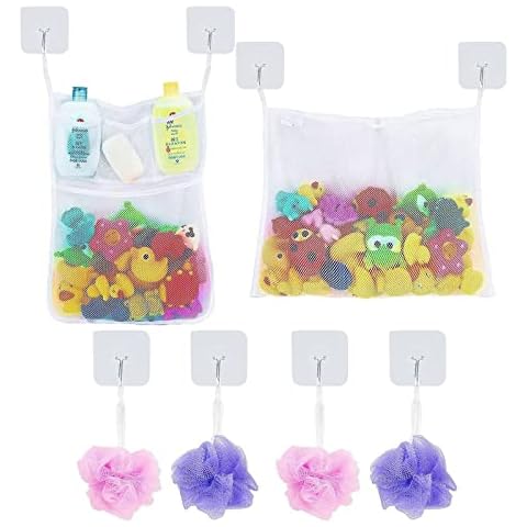LEEFE 2 x Mesh Bath Toy Storage with 5 Pockets - The Perfect Net for Bathtub Toys & Bathroom Organizer - For Kids, Toddlers & Baby and Shower Caddy, Bonus of 6 Super Strong Suction Cups Cover