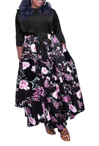 Image of Hostoyo Women Plus Size Formal A Line Maxi Dress Self Tie Waist with Pockets Elegant Round Neck Swing Long Dresses