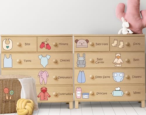 Image of JarThenaAMCS 3 Sheets Baby Dresser Clothing Stickers Removable Cute Clothing Sort Label Decals for Home Bedroom Wardrobe Drawer Organizing Supplies, 11.8 x 8.7 Inch