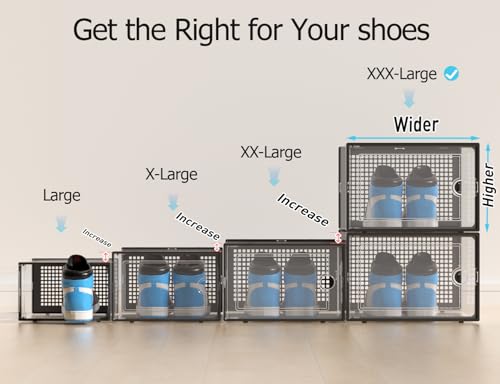Image of Kuject XXX-Large Shoe Storage Boxes Organizers Clear Plastic Stackable 12 Pack, Shoe Rack & Holder Substitute, Sneaker Containers, Toy Storage Organizer Bins for,Closet, Under Bed, Black(No Fold Line)