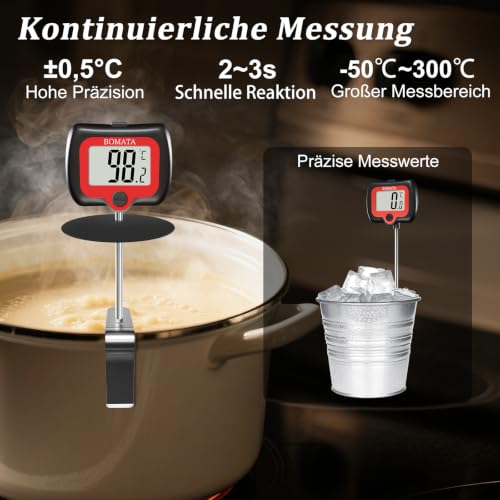 BOMATA 20 cm langer Sonden-Zuckertemperaturmesser mit Topfklammer, drehbarem Display, hochpräzisem Digitalthermometer für Kerzen, Flüssigkeiten, Kochen, Grillen usw