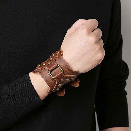 HZMAN Adjustable Leather Bracelet for Men - Punk Style Wrist Support for Motorcycle Riding & Archery, Vintage Metal Cuff for Costume Parties3