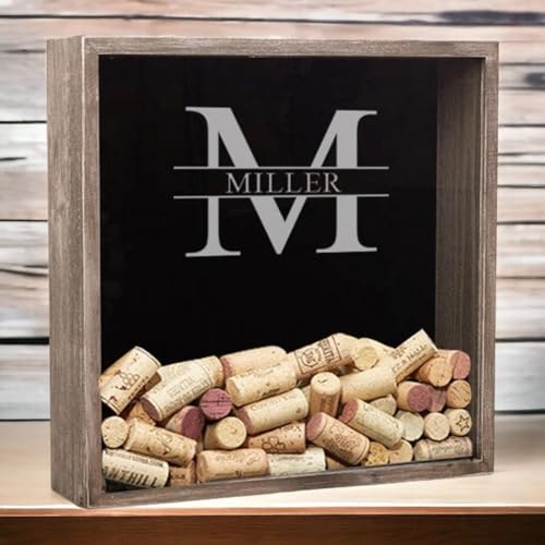 Personalized Wine Cork Shadow Box Display - Custom Engraved Wall Mounted or Free Standing Storage Holder - Wedding Gift for Her, Wife, Mom (Distressed Wood)