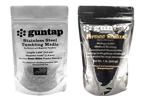 guntap Stainless Steel Tumbling Media + Brass Shine Powdered Detergent Bundle (1lb Media (.047 x .255 pin Size), 1lb Brass Shine Powdered Detergent)