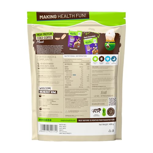 Image of ALPINO High Protein Super Muesli Cold Coffee 400g - Multigrain Flakes & Rolled Oats, Soya Protein, Nuts & Seeds, Coffee Extract - 24% Protein, Source of Dietary Fibre & Healthy Fats