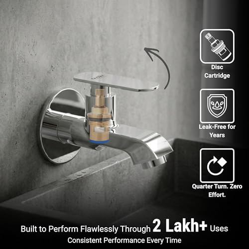 Image of GLOXY Premium Brass Bib Cocke Short Body with Chrome Finish - Short Body Wash Basin Tap Jet+ Lever with Wall Flange - Bib Cock Tap for Kitchen Sink, Bathrooms, Gardens - 10 Years Warranty