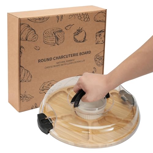 WILLKOMMEN Charcuterie Board with Lid- 6 Section Round Serving Tray with Carry Handle & Locking Lid, Portable Bamboo Serving Platter, Food Trays for Party Picnic Cheese Snack