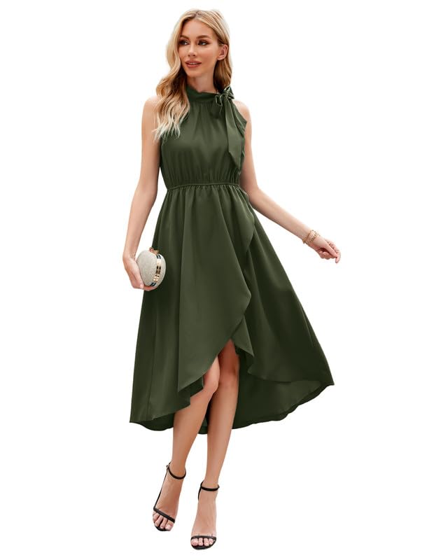 JASAMBAC Damen High Low Kleid für Hochzeitsgäste 2033 Neckholder, elastische Taille, Rüschen, geteilt, fließend, Cocktail