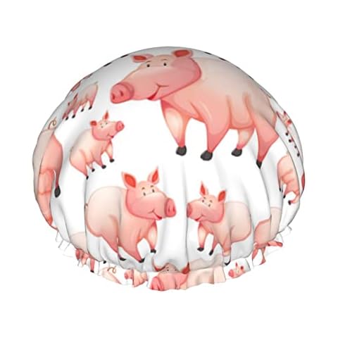 EDJKEJYCO Shower Hat, Pink Cartoon Farm Pig Shower Cap, Double Layer Waterproof Bath Cap PEVA Lining Design for Women Men Cover