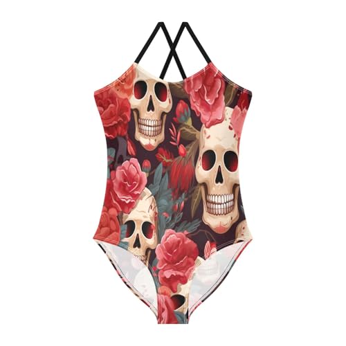 Girl Bathing Suits Beach Apparel 3-10 Y with Adjustable Shoulder Strap, Funny Skulls Red Flowers
