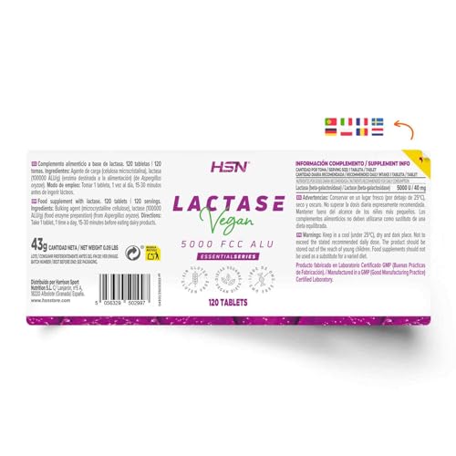Miniatura 2 de HSN Lactasa 5000 FCC ALU | 120 Tabletas | Enzima para la Alimentación | Alta Actividad Enzimática Declarada | 100% Natural: Aspergillus oryzae | No-GMO, Vegano, Sin Gluten