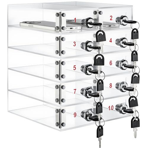 Image of Layhit Clear 10 Slots Cell Phone Locker Box for Classroom Clear Acrylic Cell Phone Storage Cabinet Bin with Door Locks for Classroom School Students Office Factory Employees