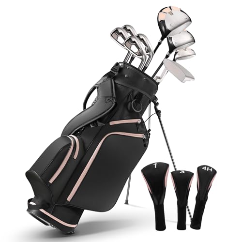 BODIOO Golf Clubs Set for Women 8 pcs, Ladies Complete Golf Club Set with Steel Shafts, Driver Fairway Wood Hybrid Irons Putter, Lightweight Deluxe Stand Bag & 3 Bonus Headcovers, Pink