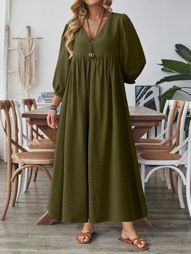 Image of Celmia Autumn Solid Loose Long Maxi Dress Cotton Caftan