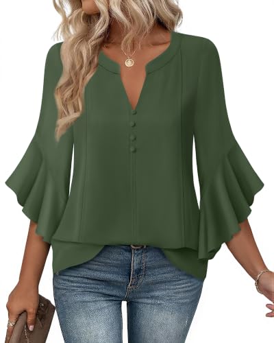 Bebonnie Chiffon Work Blouses Plus Size Fall Tops for Women Army Green 3XL