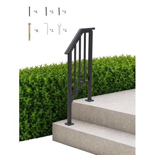Handrails for Outdoor Steps, Adjustable Stair Handrail Kit Fit 1 to 2 Steps Outdoor Stair Railing, Transitional Wrought Iron Handrails with Balusters for Concrete/Porch/Deck/Wooden Steps,Bla