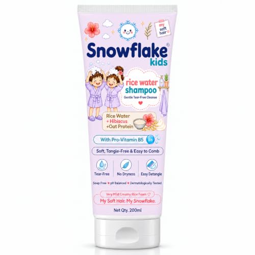 Image of Snowflake Kids Rice Water Shampoo for Children, with Hibiscus Oat Protein & Pro-Vitamin B5, Tear Free Soap Free pH Balanced, Soft Tangle Free Easy Comb, Dermatologically Tested (200ml)