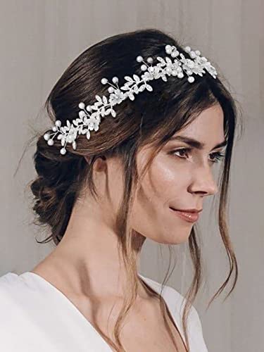 IYOU Enredaderas de Cabello Novia de Cristal Diadema de Boda de Hoja de Plata Perla Flor Novia Dama de Honor Accesorios para el Cabello para Mujeres