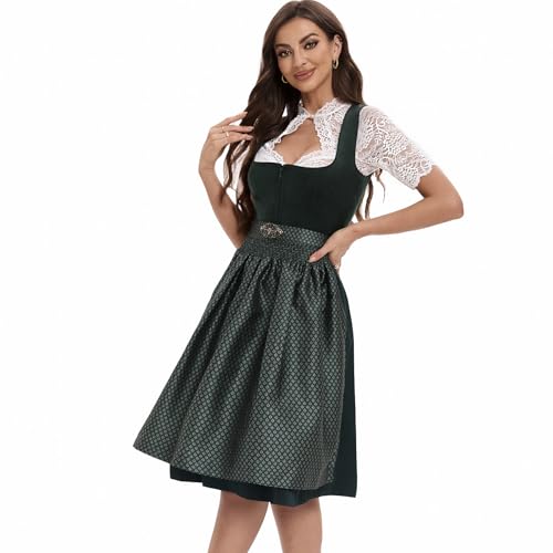 Goxozzy Dirndl Damen Midi Samt Trachtenrock mit Dirndlschürze für Oktoberfest Größen 34-44 Rocklänge 60cm Grün Rot Blau (DE/NL/SE/PL, Numerisch, 38, Regular, Regular, Grün)