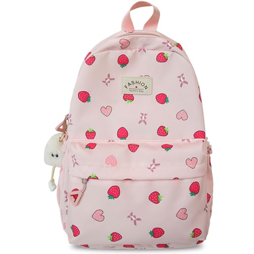 Kawaii Backpack with Cute Accessory Strawberry Printing Casual Bookbags with Pendant Lightweight Travel Daypacks (Pink)