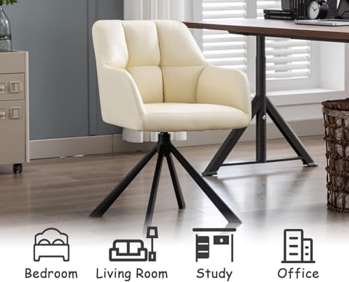 Image of Finch Fox Battle Modern 360 Swivel Mid-Back Arm Faux-Leather Study Upholstered Comfortable Metal Base Computer Office Desk Chair in Cream Color (Set of 4)