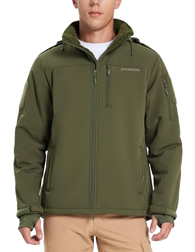 DURAWERK Mens Tactical Jacket Fleece Softshell Water Resistant Jackets for Men Hooded Windbreaker Military Hiking Jacket