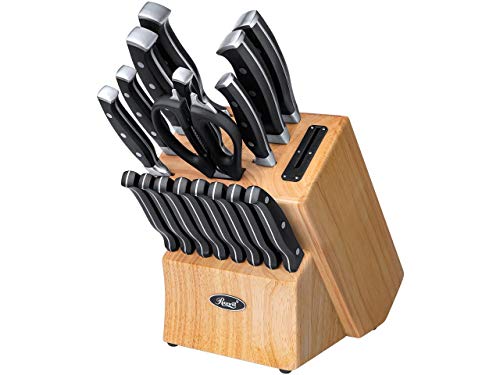 Rosewill 18 Piece Stainless Steel Cutlery Knife Set with Kitchen Shears| Triple Riveted Handles, Full Tang Design with Wood Block and Built-in Sharpener