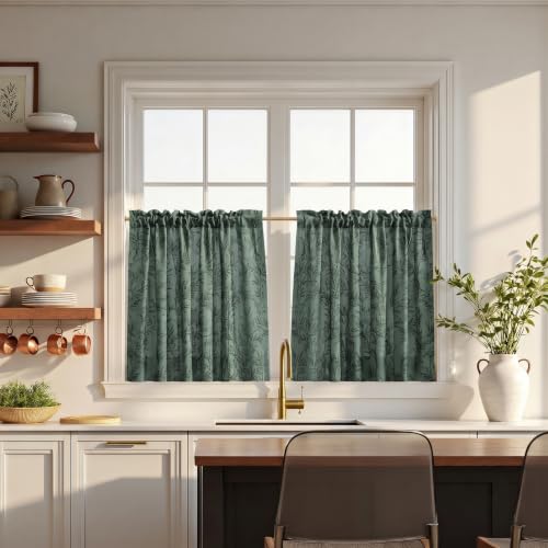 Image of TWOPAGES Rod Pocket Leaf Print Cafe Curtains, Denim, 52W x 30L