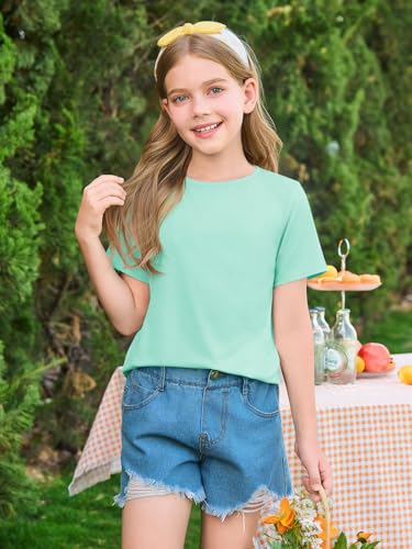 Image of Haloumoning Girls Summer Short Sleeve Shirt Kids Crewneck Curve Hem Soft Tunic Tops T-Shirts 5-14 Years