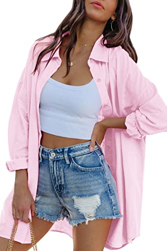 Image of FSHAOES Womens Oversized Button Down Shirts Casual Loose Long Sleeve Solid Lapel Long Blouses Tops with Pockets