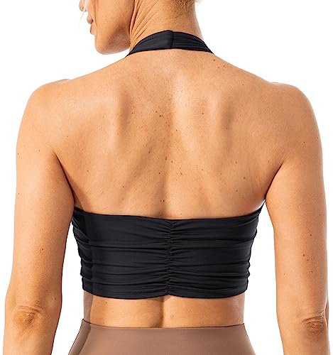 Lavento Women's Halter Sports Bra Longline Padded Yoga Crop Bras Top (Black - Pleated Back, 4) #TOP12
