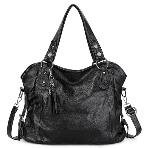 VINBAGGE Damen Handtasche Groß Shopper PU Leder Umhängetasche Henkeltasche Tasche Vintage Schultertasche Frauen Arbeit Schule Einkauf - Schwarz