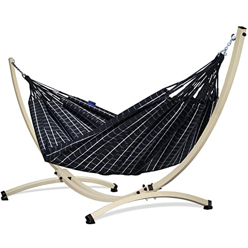 Potenza Outdoor Hängematte mit Verzinkter Gestell für 2 Personen I 100% Baumwolle Catargo Doppelhängematte XXL 220x160, 220kg I Hängemattengestell 220kg, wetterfest (Schwarz, Gestell Ecru)