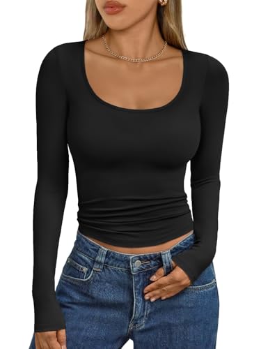 Trendy Queen Womens Scoop Neck Long Sleeve Shirts Skinny Going Out Crop Tops Cute Fall Fashion 2025 Clothes