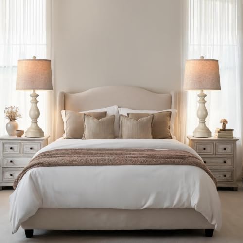 Image of PARTPHONER Traditional Table Lamp Set of 2, Rustic Farmhouse Table Lamps for Living Room Bedroom, 27 inch Bedside Desk Lamps Vintage Nightstand Lamps with Linen Shades, Antique White