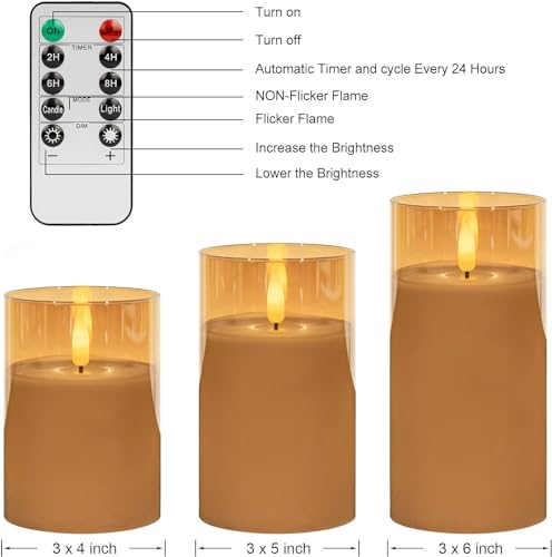 Image of Glass Flameless Candles LED Battery Operated Candles with Remote Set of 3 | Real Wax Glow Flickering LED Flame 2 /4 /6 /8H Timer Safe Home Lighting for Weddings, Parties & Holiday Decor