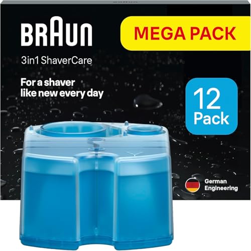 Braun 3-in-1 ShaverCare Reinigungskartuschen für Reinigungsstationen – ORIGINAL Kartuschen – Reinigt Rasierer 10x besser als Wasser, Scherkopfreiniger, Entfernt Haare und Hautpartikel – 12er Pack