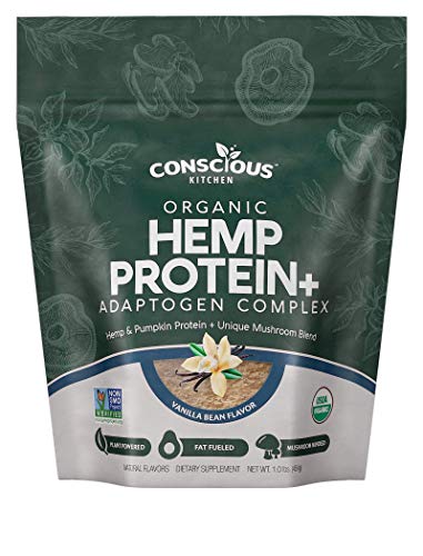 Organic Protein Powder | Conscious Kitchen Organic Plant Based Protein Powder + Ashwagandha | Organic Mushrooms + Pumpkin & Hemp Protein Powder + MCT Oil | Health Supplement | Vanilla Bean, 1 Pound