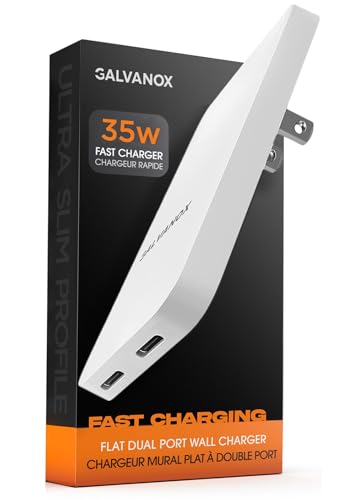 Galvanox Dual USB-C Flat Wall Charger - Super Fast Charging (35W) Ultra Slim Outlet Plug Multi Port Type C for iPhone 16/17 Pro Max and Samsung Galaxy Phones (White)