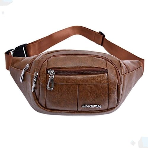 Pochete de couro sintético masculina, Bolsa de cintura com vários bolsos, viagens, caminhadas, cinto fino, porta celular, carteira, Doleira motoboy (Marrom)