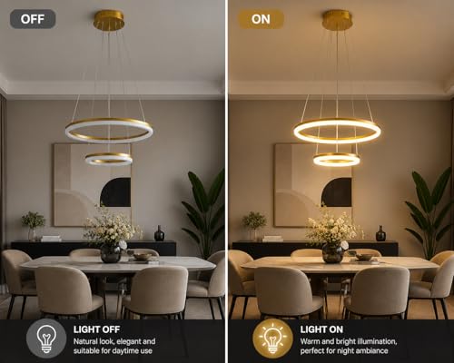 Image of SINOMAN Modern Contemporary Spiral LED 2 Ring Chandelier Hanging Ceiling Pendant Light - Adjustable Height with 3 Color Lighting Modes Ideal for Living Room /Bedroom /Home (Gold)