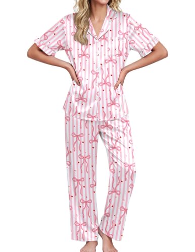 Image of Ekouaer Silk Satin Pajamas for Women Set 2 Piece Short Sleeve Button Up Pjs